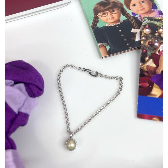 American Girl Emily Doll Holiday Outfit Purple Dress Necklace Bow Socks Card Box - Picture 4 of 9